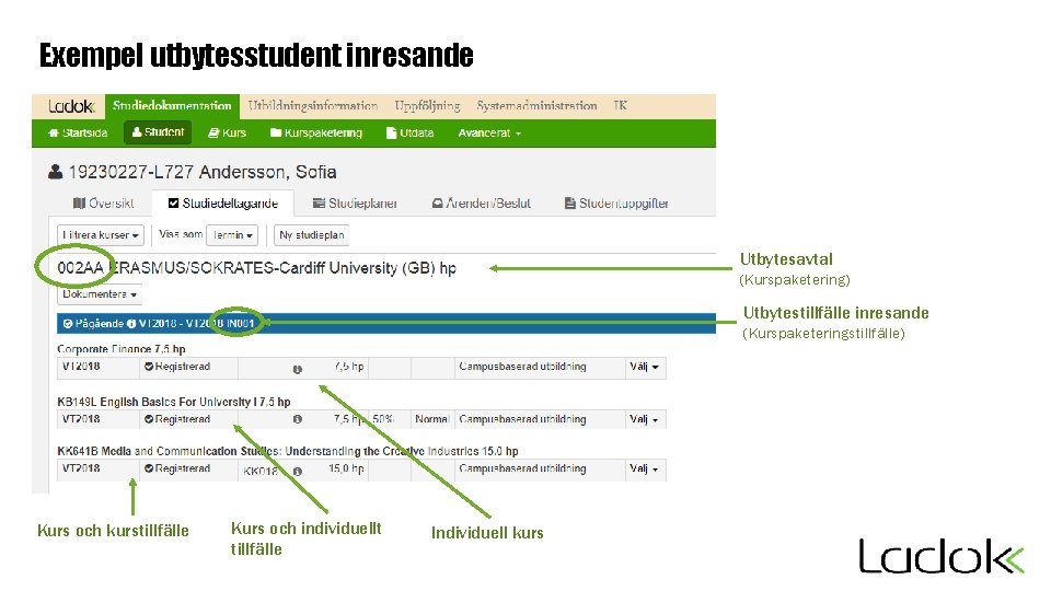 Exempel utbytesstudent inresande Utbytesavtal (Kurspaketering) Utbytestillfälle inresande (Kurspaketeringstillfälle) Kurs och kurstillfälle Kurs och individuellt