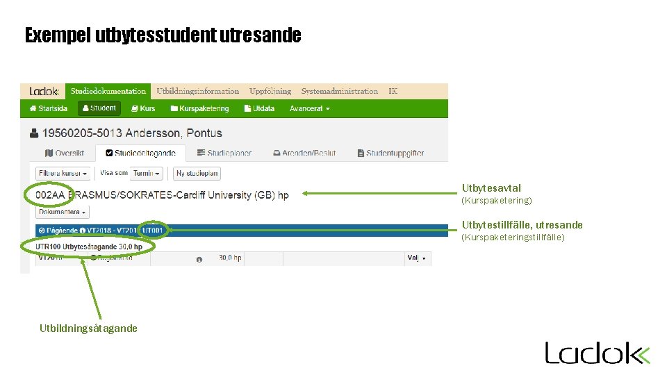 Exempel utbytesstudent utresande Utbytesavtal (Kurspaketering) Utbytestillfälle, utresande (Kurspaketeringstillfälle) Utbildningsåtagande 