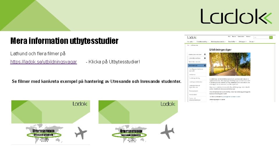 Mera information utbytesstudier Lathund och flera filmer på https: //ladok. se/utbildningsvagar - Klicka på