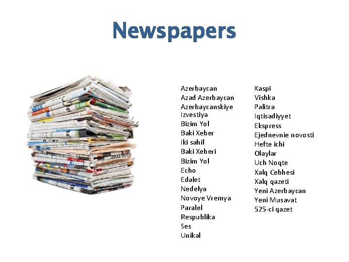Newspapers Azerbaycan Azad Azerbaycanskiye Izvestiya Bizim Yol Baki Xeber Iki sahil Baki Xeberi Bizim