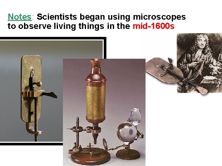 Notes: Scientists began using microscopes to observe living things in the mid-1600 s 