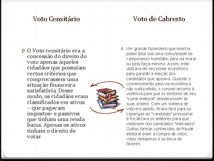 Voto Censitário 0 O Voto censitário era a concessão do direito do voto apenas