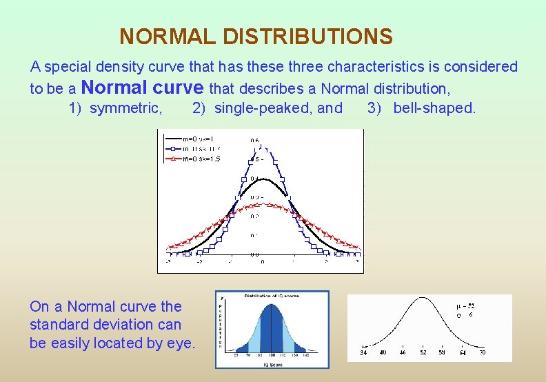 NORMAL DISTRIBUTIONS A special density curve that has these three characteristics is considered to