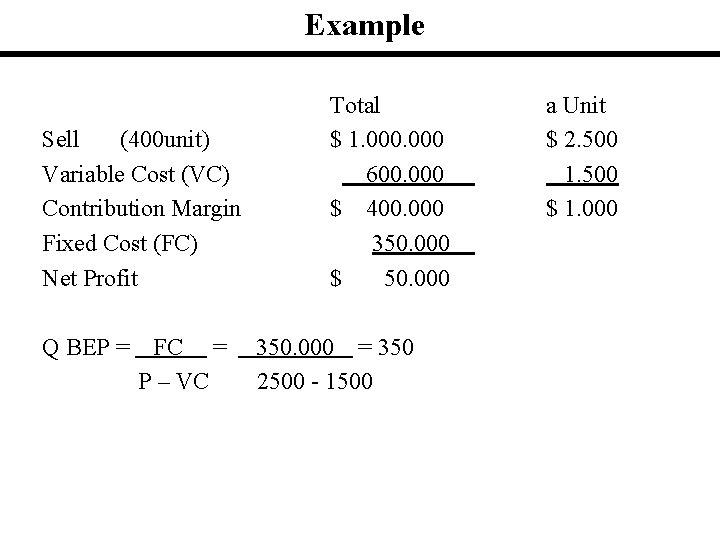 Example Sell (400 unit) Variable Cost (VC) Contribution Margin Fixed Cost (FC) Net Profit