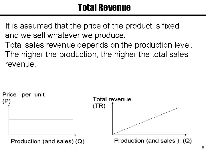 Total Revenue It is assumed that the price of the product is fixed, and