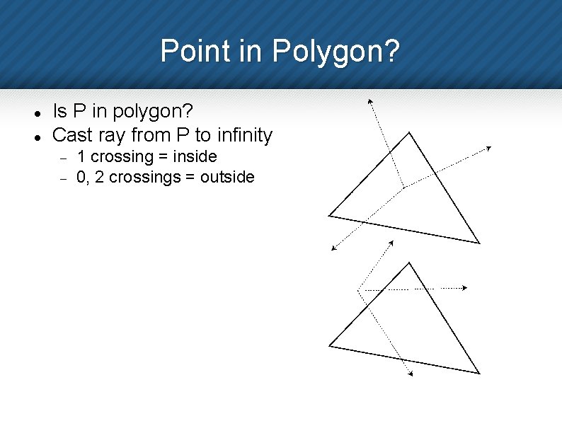 Point in Polygon? Is P in polygon? Cast ray from P to infinity 1