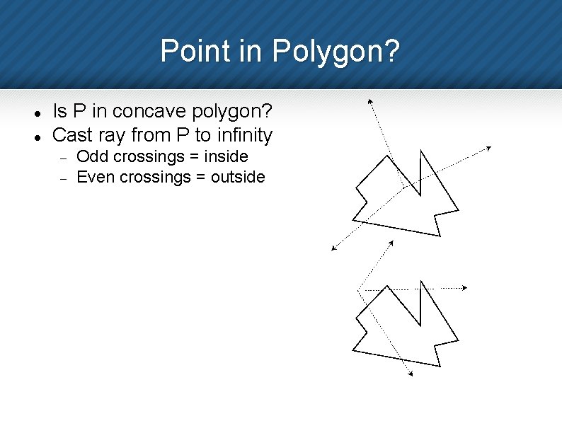 Point in Polygon? Is P in concave polygon? Cast ray from P to infinity