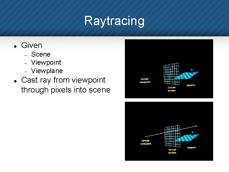 Raytracing Given Scene Viewpoint Viewplane Cast ray from viewpoint through pixels into scene 