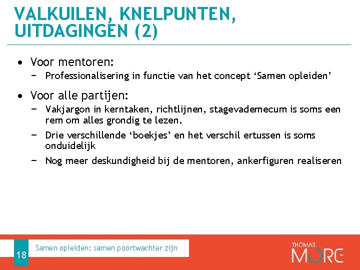 VALKUILEN, KNELPUNTEN, UITDAGINGEN (2) • Voor mentoren: − Professionalisering in functie van het concept