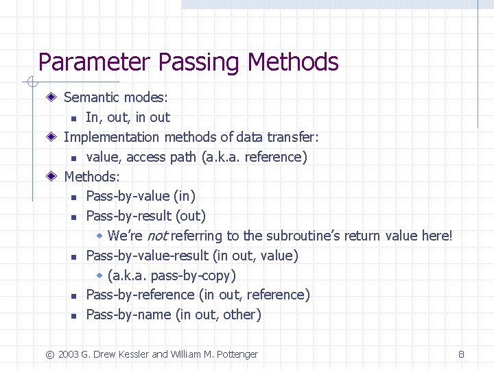 Parameter Passing Methods Semantic modes: n In, out, in out Implementation methods of data