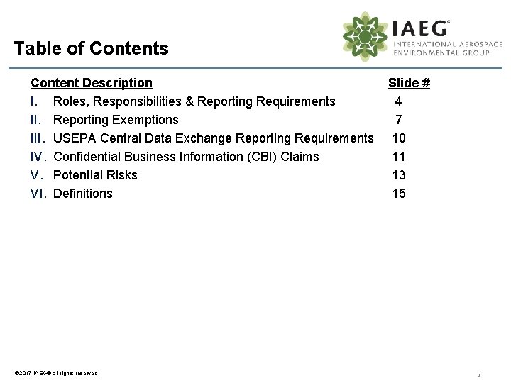 Table of Contents Content Description I. Roles, Responsibilities & Reporting Requirements II. Reporting Exemptions