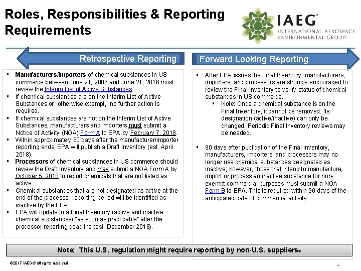 Roles, Responsibilities & Reporting Requirements Retrospective Reporting § Manufacturers/importers of chemical substances in US