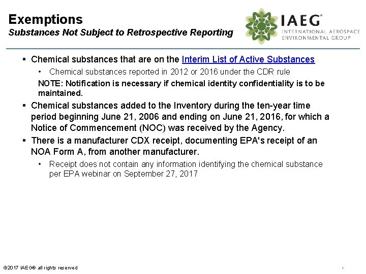 Exemptions Substances Not Subject to Retrospective Reporting § Chemical substances that are on the