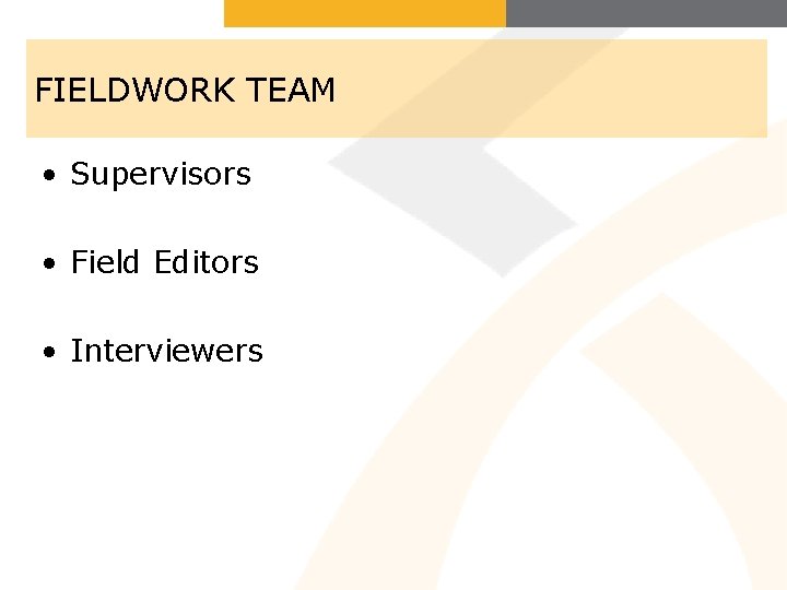 FIELDWORK TEAM • Supervisors • Field Editors • Interviewers 