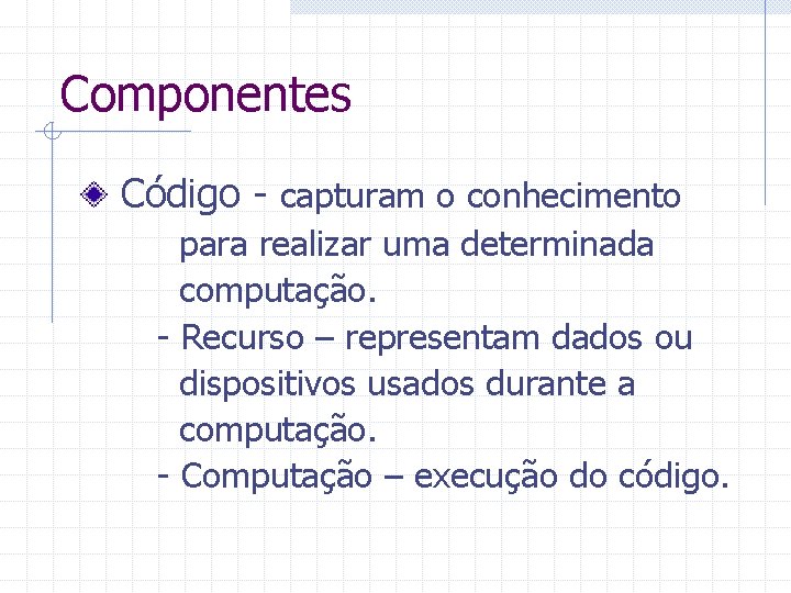 Componentes Código - capturam o conhecimento para realizar uma determinada computação. - Recurso –