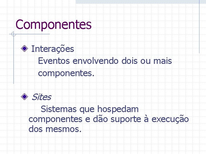 Componentes Interações Eventos envolvendo dois ou mais componentes. Sites Sistemas que hospedam componentes e