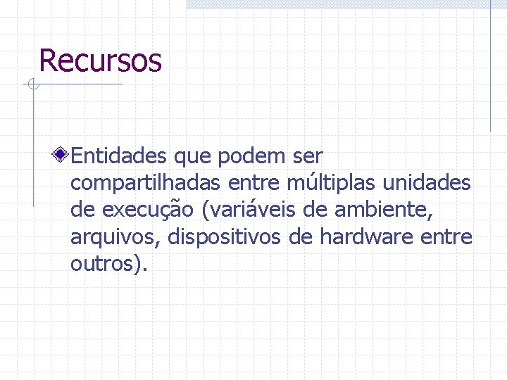 Recursos Entidades que podem ser compartilhadas entre múltiplas unidades de execução (variáveis de ambiente,