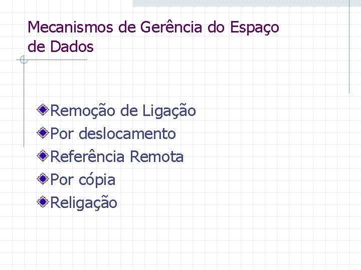 Mecanismos de Gerência do Espaço de Dados Remoção de Ligação Por deslocamento Referência Remota