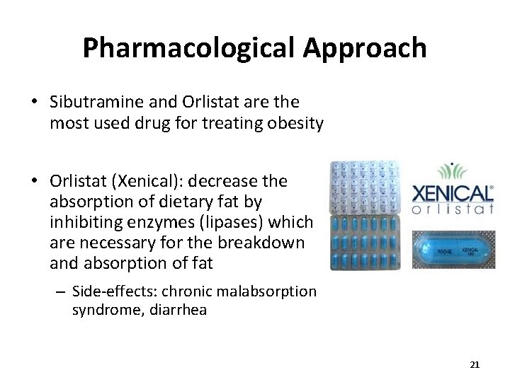 Pharmacological Approach • Sibutramine and Orlistat are the most used drug for treating obesity