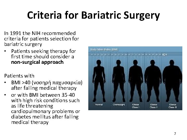 Criteria for Bariatric Surgery In 1991 the NIH recommended criteria for patients selection for