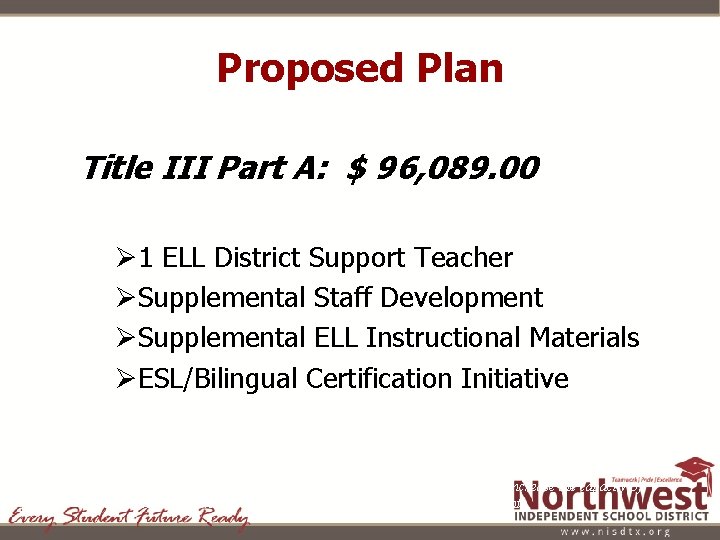 Proposed Plan Title III Part A: $ 96, 089. 00 Ø 1 ELL District