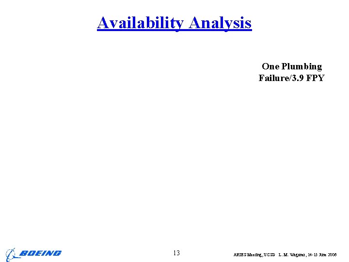 Availability Analysis One Plumbing Failure/3. 9 FPY 13 ARIES Meeting, UCSD L. M. Waganer,