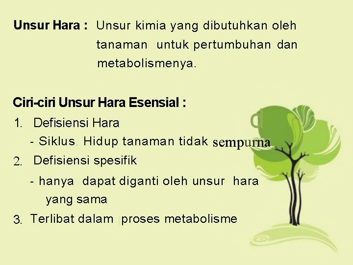 Unsur Hara : Unsur kimia yang dibutuhkan oleh tanaman untuk pertumbuhan dan metabolismenya. Ciri-ciri