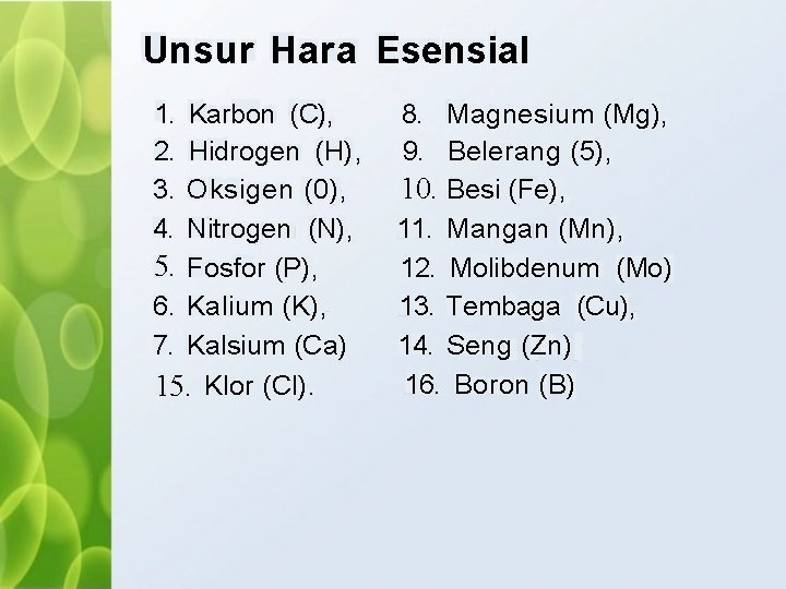 Unsur Hara Esensial 1. 2. 3. 4. Karbon (C), Hidrogen (H), Oksigen (0), Nitrogen