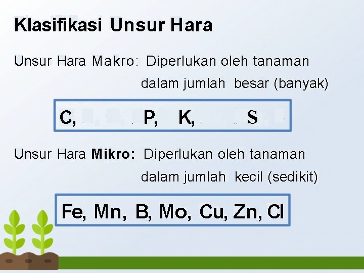 Klasifikasi Unsur Hara Makro: Diperlukan oleh tanaman dalam jumlah besar (banyak) C, H ,