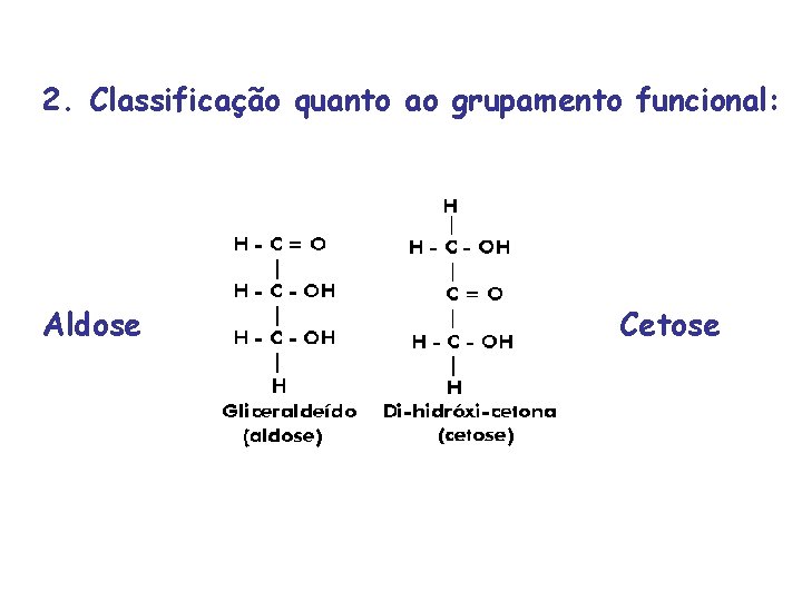 2. Classificação quanto ao grupamento funcional: Aldose ou Cetose 