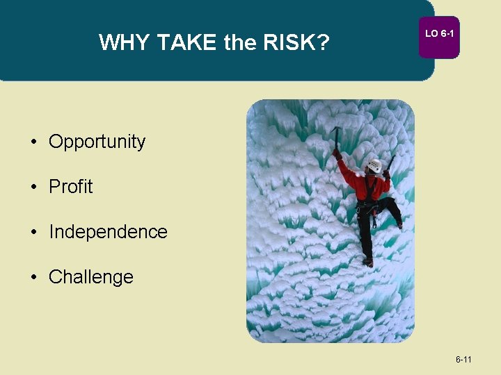 WHY TAKE the RISK? LO 6 -1 • Opportunity • Profit • Independence •