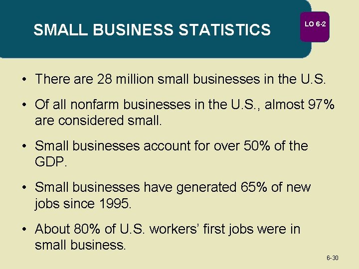 SMALL BUSINESS STATISTICS LO 6 -2 • There are 28 million small businesses in