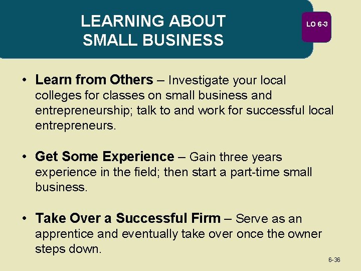 LEARNING ABOUT SMALL BUSINESS LO 6 -3 • Learn from Others – Investigate your