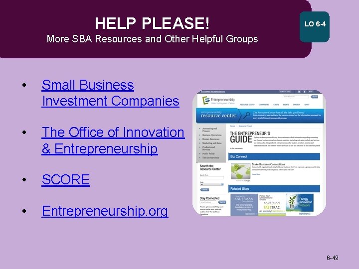 HELP PLEASE! LO 6 -4 More SBA Resources and Other Helpful Groups • Small