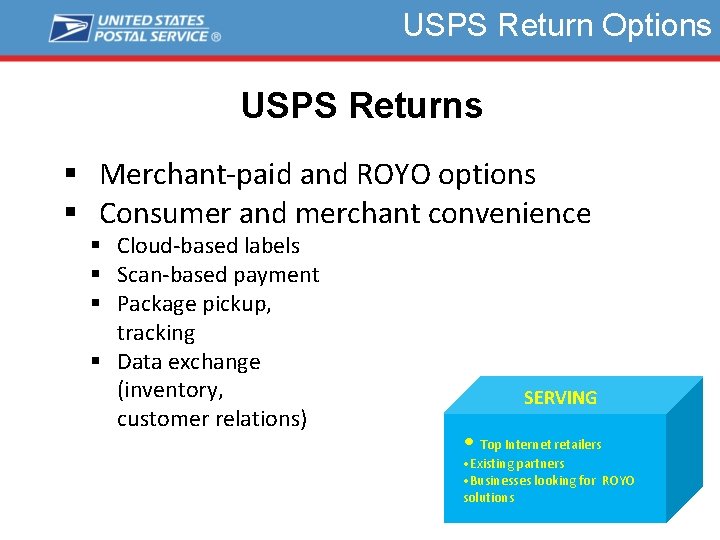 USPS Return Options USPS Returns § Merchant-paid and ROYO options § Consumer and merchant