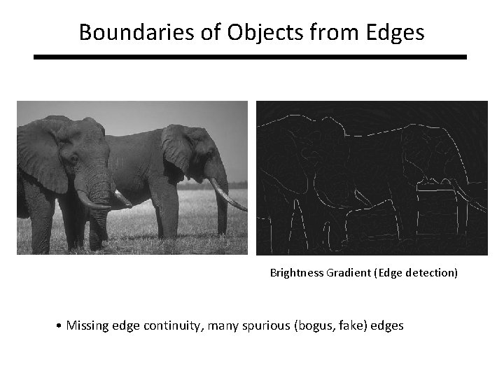 Boundaries of Objects from Edges Brightness Gradient (Edge detection) • Missing edge continuity, many Boundaries of Objects from Edges Brightness Gradient (Edge detection) • Missing edge continuity, many
