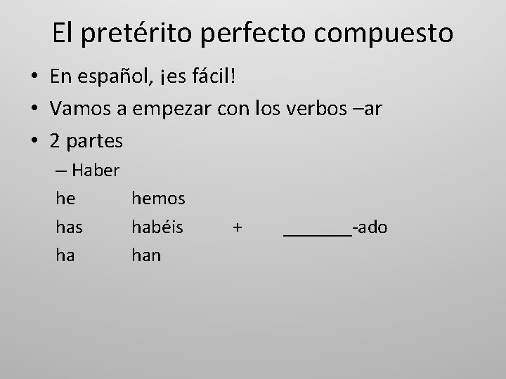 El pretérito perfecto compuesto • En español, ¡es fácil! • Vamos a empezar con