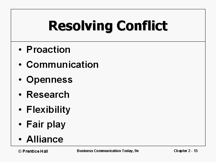 Resolving Conflict • Proaction • Communication • Openness • Research • Flexibility • Fair