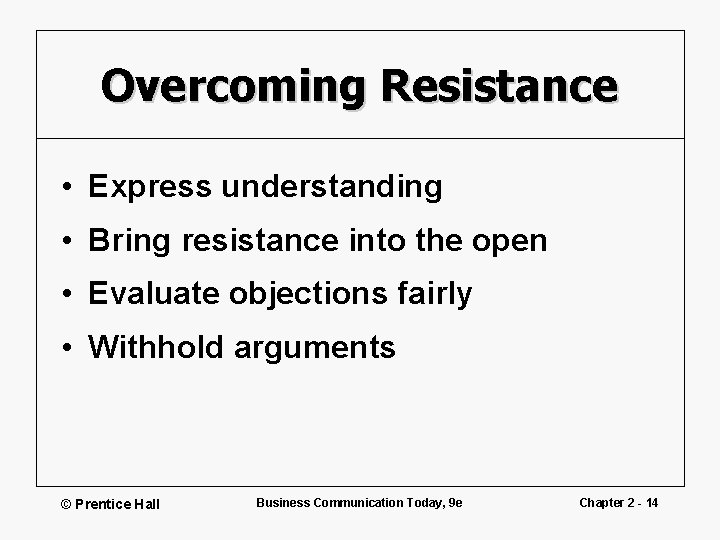 Overcoming Resistance • Express understanding • Bring resistance into the open • Evaluate objections