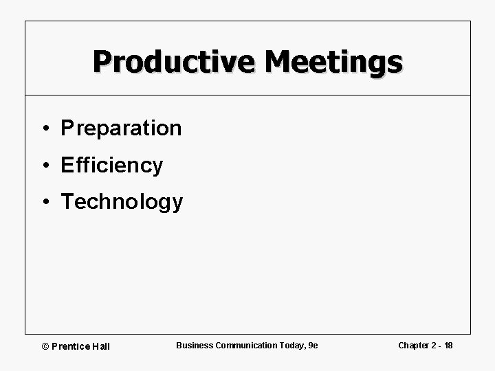 Productive Meetings • Preparation • Efficiency • Technology © Prentice Hall Business Communication Today,