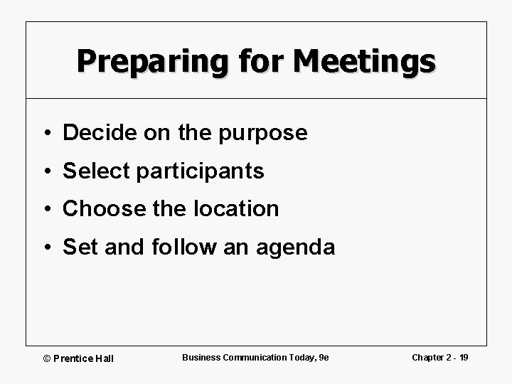 Preparing for Meetings • Decide on the purpose • Select participants • Choose the