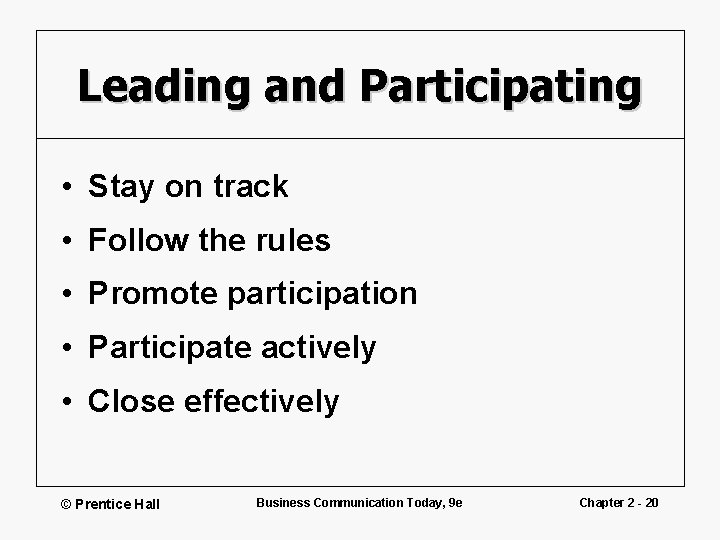 Leading and Participating • Stay on track • Follow the rules • Promote participation