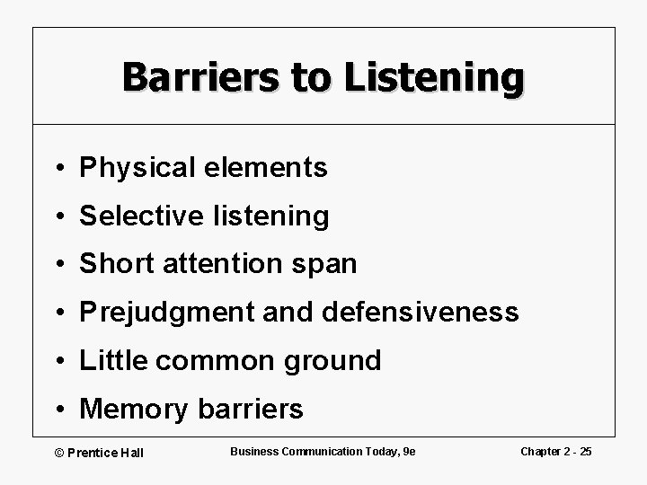 Barriers to Listening • Physical elements • Selective listening • Short attention span •