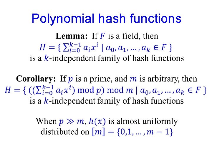 Polynomial hash functions 