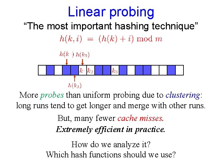 Linear probing “The most important hashing technique” More probes than uniform probing due to