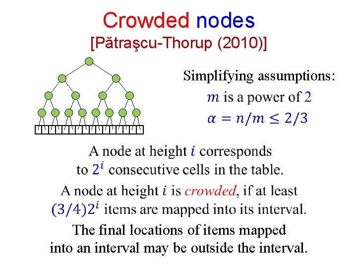 Crowded nodes [Pătraşcu-Thorup (2010)] Simplifying assumptions: The final locations of items mapped into an
