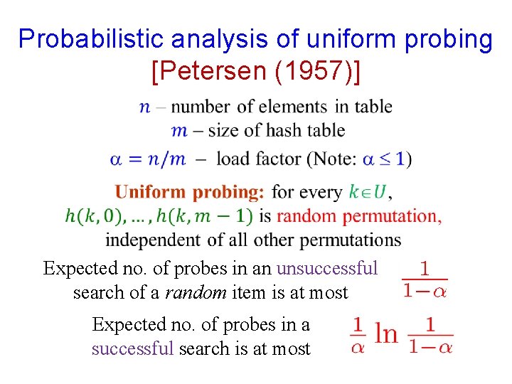 Probabilistic analysis of uniform probing [Petersen (1957)] Expected no. of probes in an unsuccessful