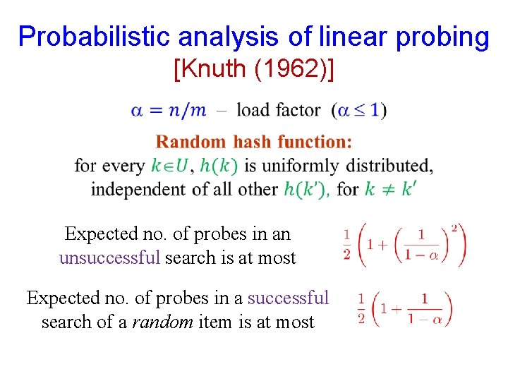 Probabilistic analysis of linear probing [Knuth (1962)] Expected no. of probes in an unsuccessful
