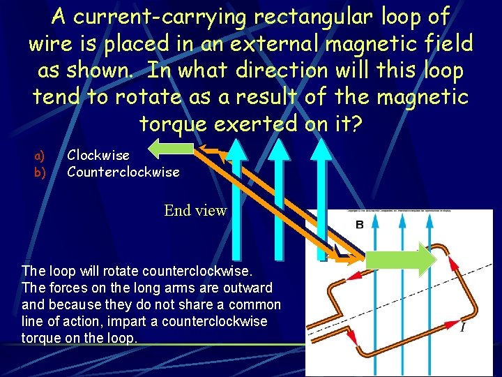 A current-carrying rectangular loop of wire is placed in an external magnetic field as
