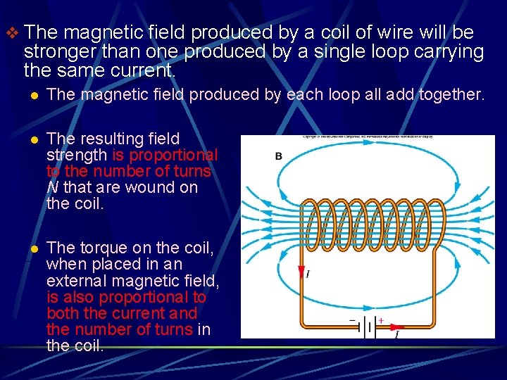 v The magnetic field produced by a coil of wire will be stronger than